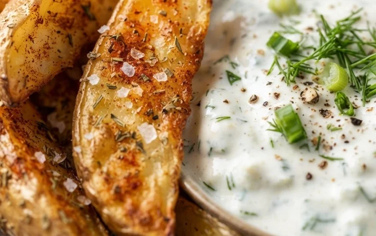 Kartoffelspalten mit Gurkendip