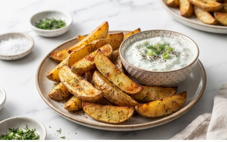 Kartoffelspalten mit Gurkendip