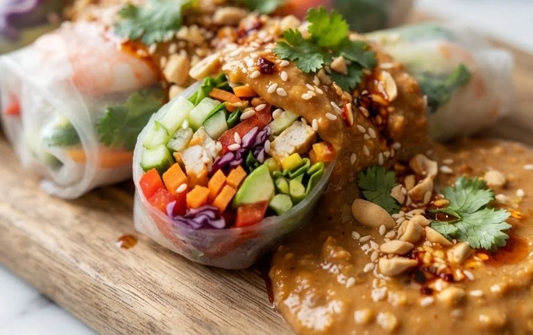 Rainbow Spring Rolls with Gin Extractger Peanut Sauce