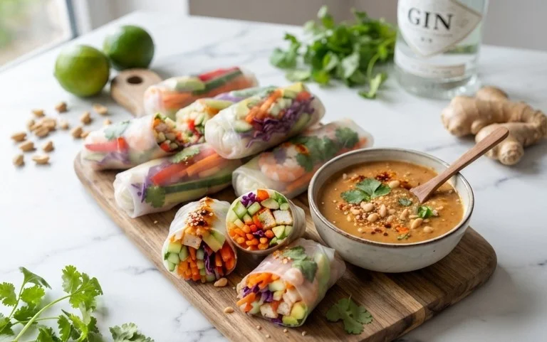 Rainbow Spring Rolls with Gin Extractger Peanut Sauce