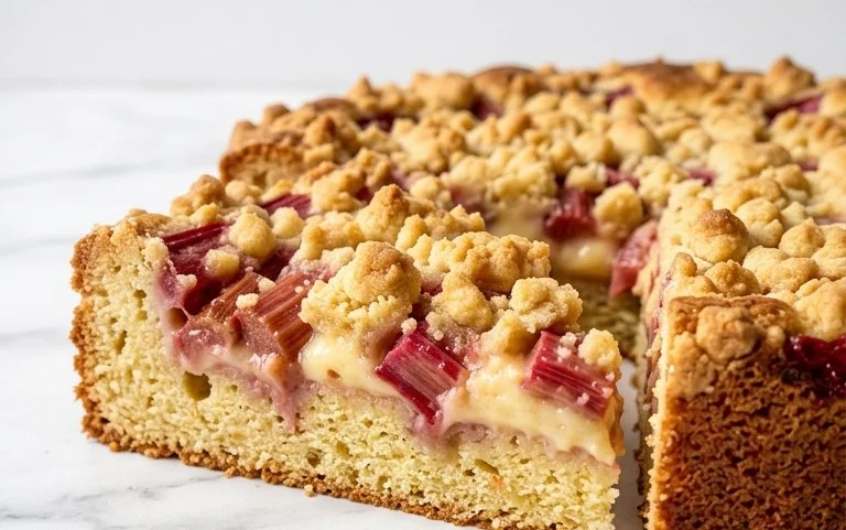 Rhabarberkuchen mit Pudding und Streuseln – wie von Oma