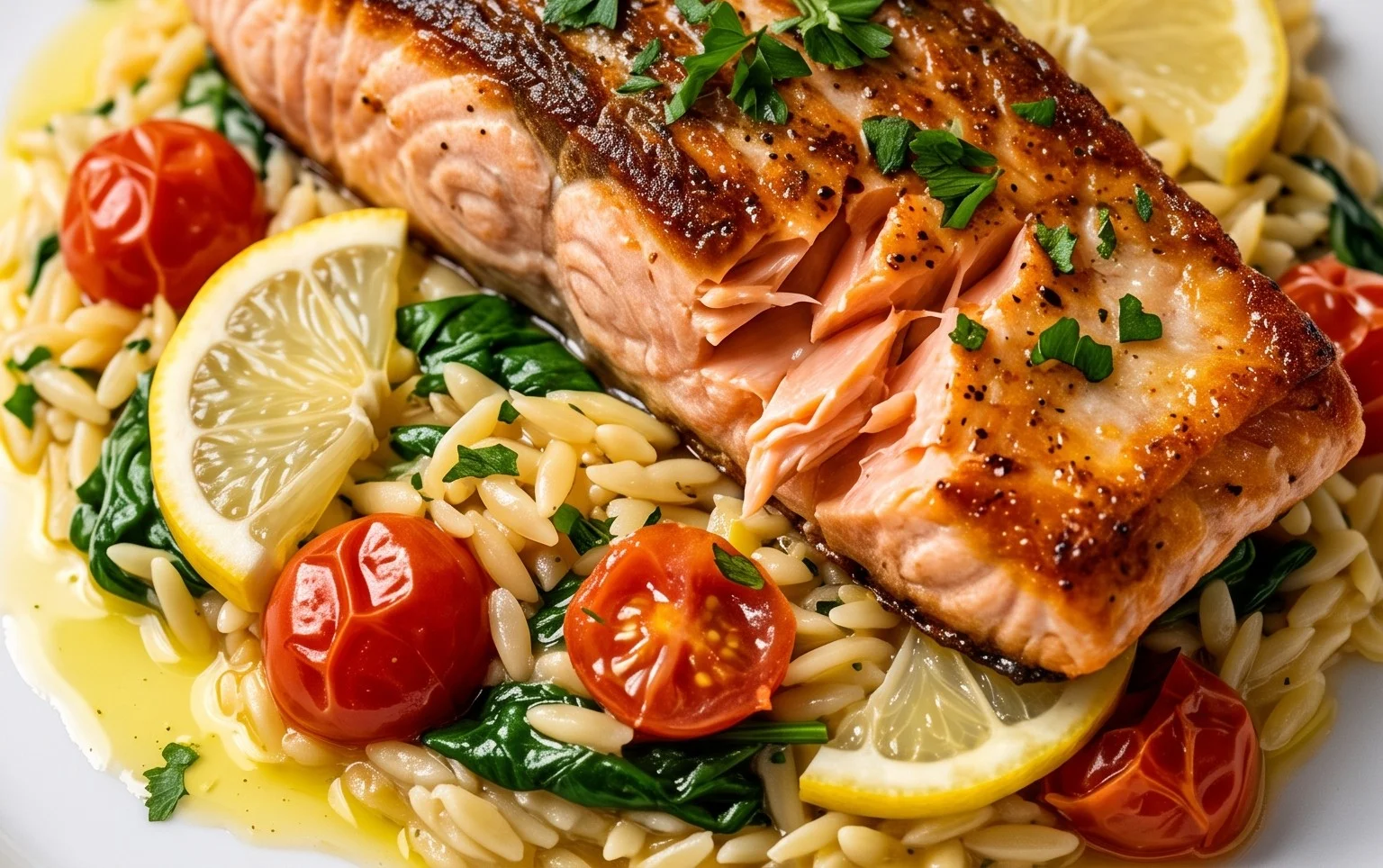 One Skillet Salmon with Lemon Orzo