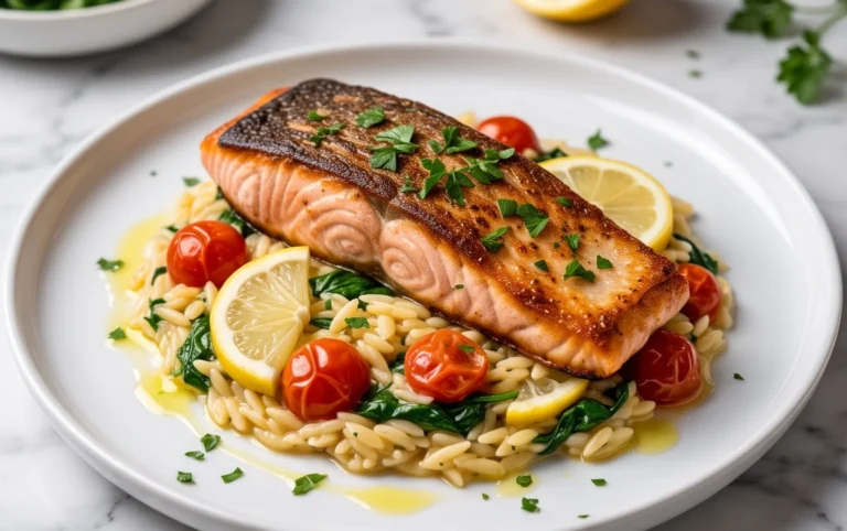 One Skillet Salmon with Lemon Orzo