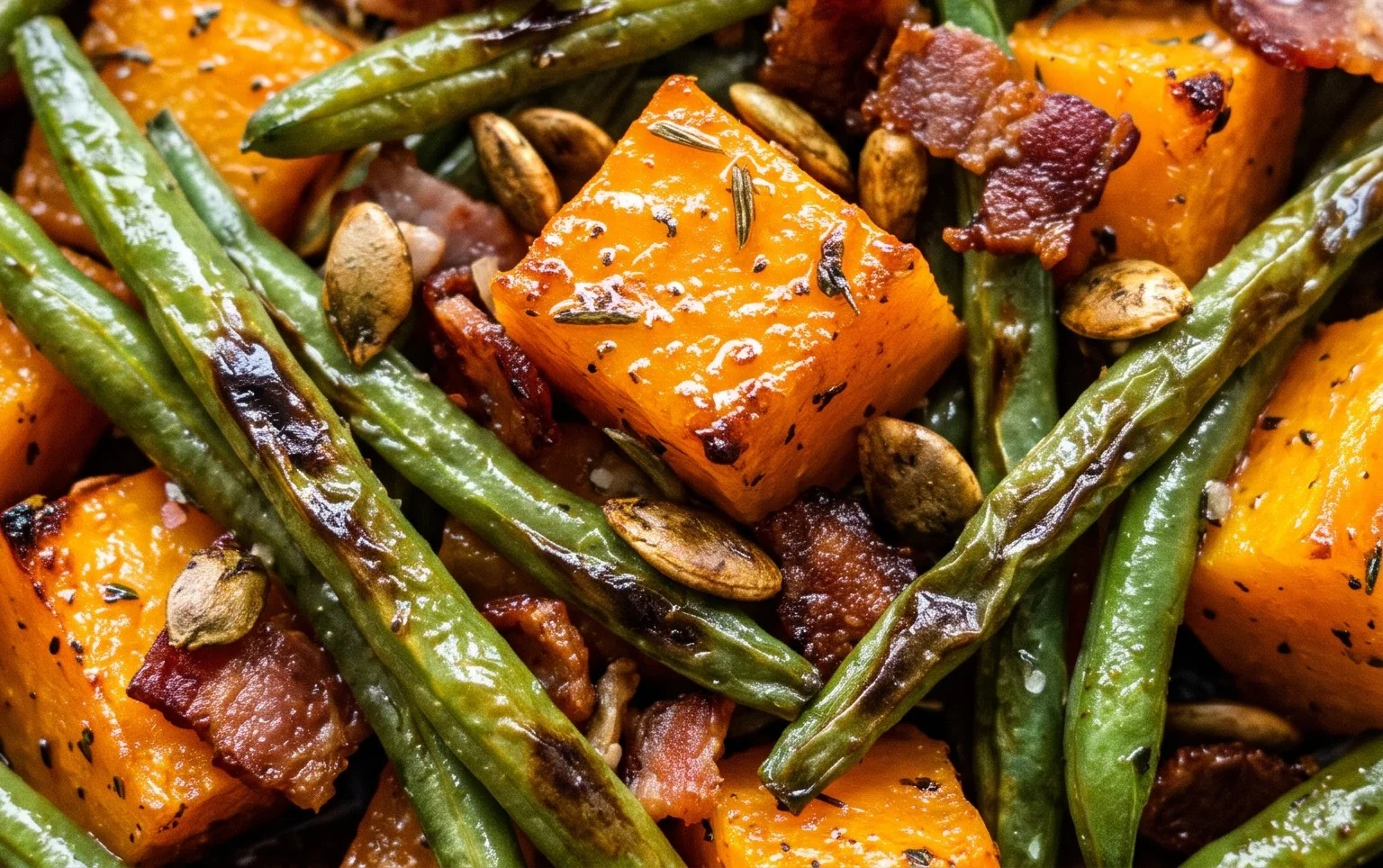 Thanksgiving Roasted Veggies (Green Beans and Butternut Squash) with Beef Bacon and Pumpkin Seeds