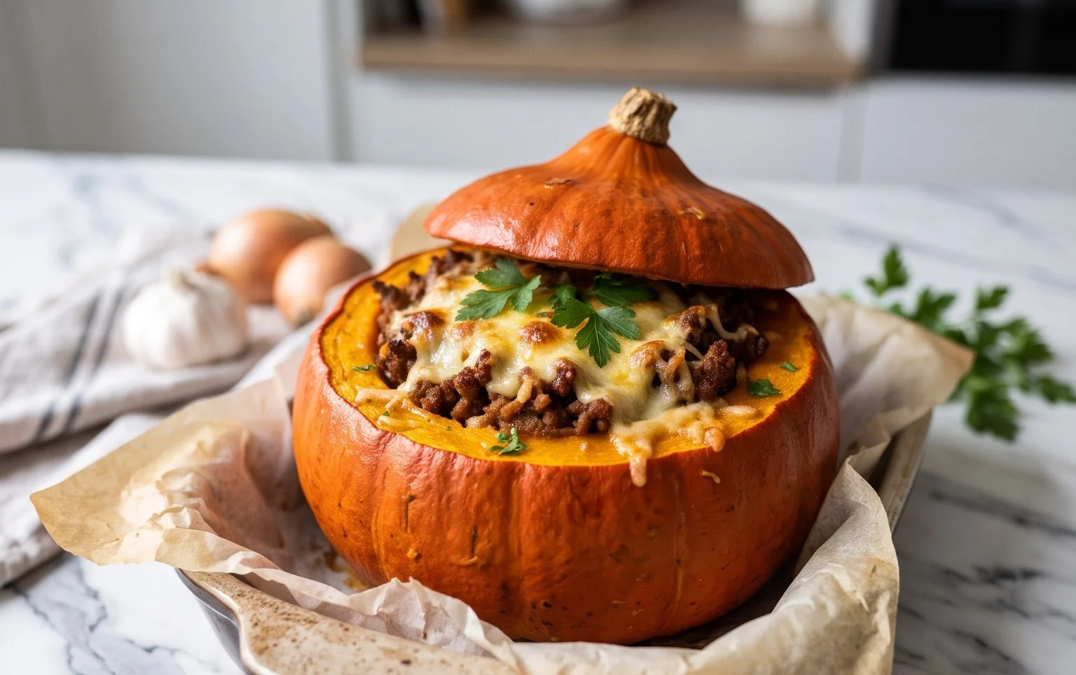 Gefüllter Kürbis mit Hackfleisch: Einfach & Lecker